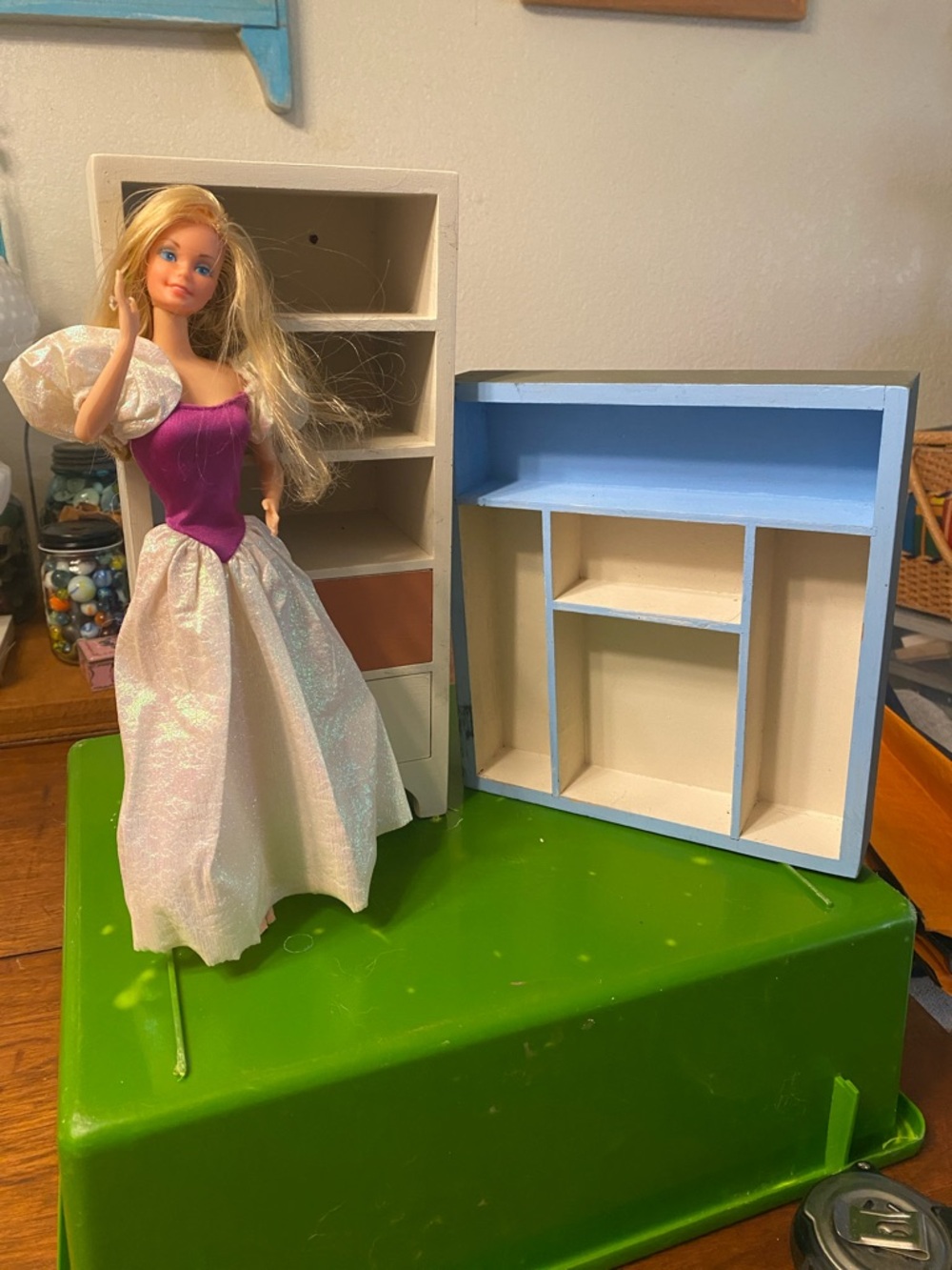 Barbie Doll in Purple & Shimmery White Gown with Solid Wood Furniture 2 pieces